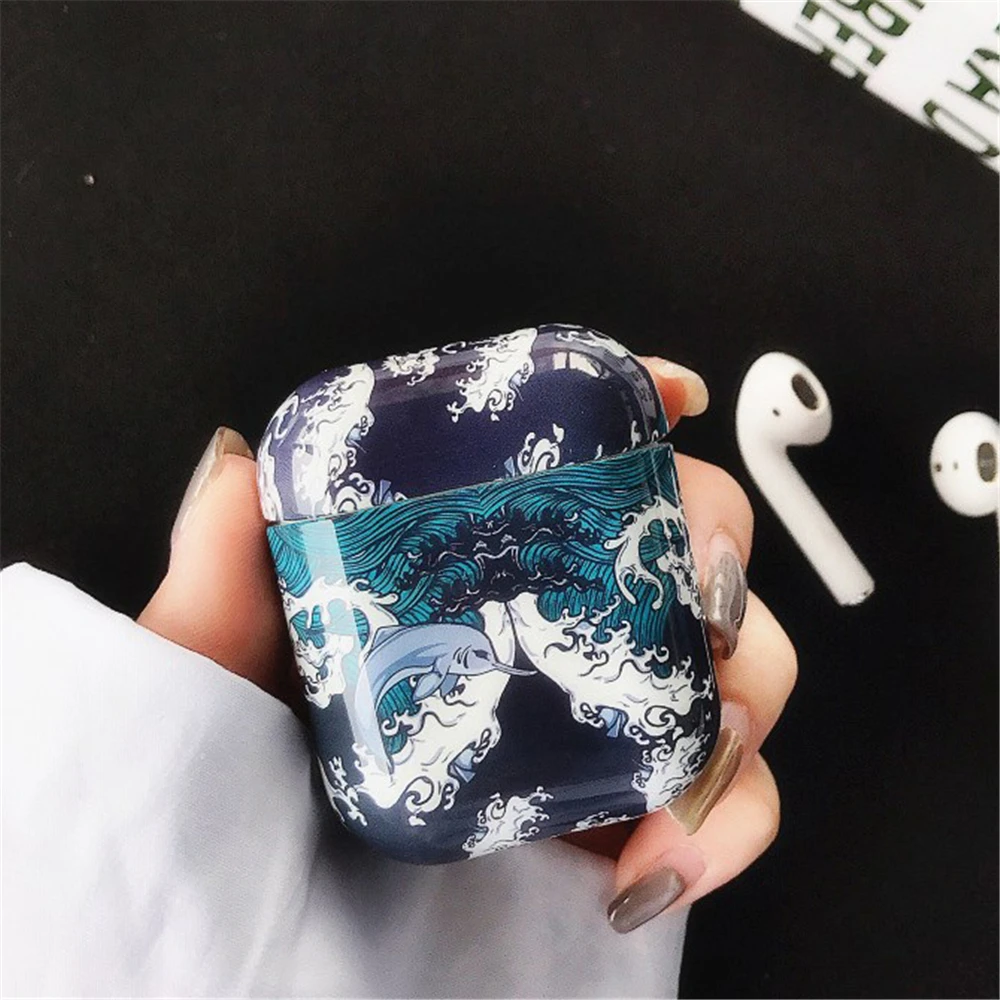 

1pc Shell Protective Case Cover Japan The Great Wave Flower Girl Marble Pattern Love Heart For Apple AirPods 1 2 protect case