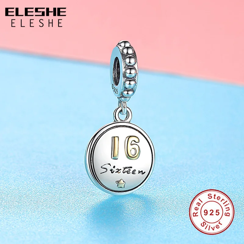 ELESHE Authentic 925 Sterling Silver SIXTEEN Gold Charms Bead Fit Original Pandora Bracelet Necklace DIY Fine Jewelry Making