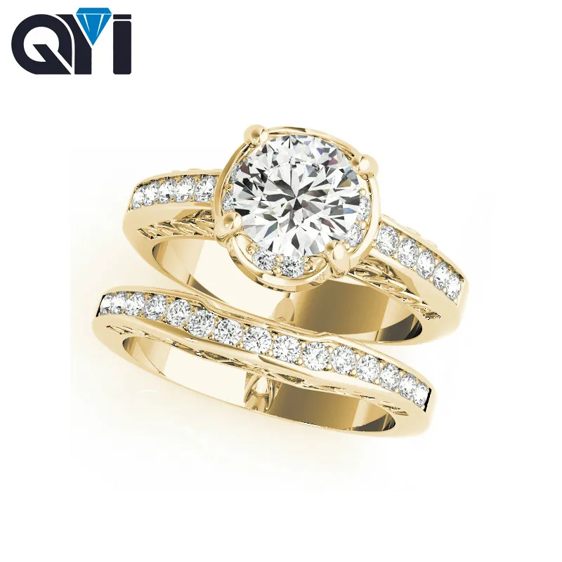 14K Yellow Gold Wedding Ring Sets 1 Carat Round Moissanite Diamond Single Row Engagement Customized Rings For Women