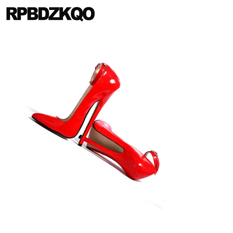 Fetish Sexy Ankle Strap Shoes Women Red High Heels 16cm Stilettos Patent Leather Crossdresser Big Size 13 45 Pumps Pointed Toe