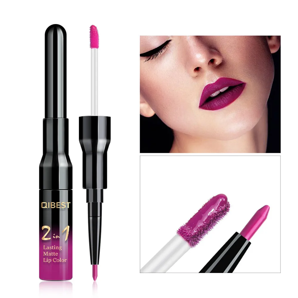 QIBEST Double-end Lip Liner Pencil Lipgloss Lip Tint Tattoo Stain Makeup Lipstick Waterproof Nude Lipliner Pen Lip Gloss Stick