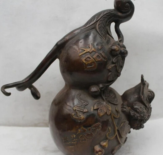 

wholesale factory 10"China Fengshui Bronze Dragon Fu Beast Uniocrn Gourd cucurbit calabash Statue