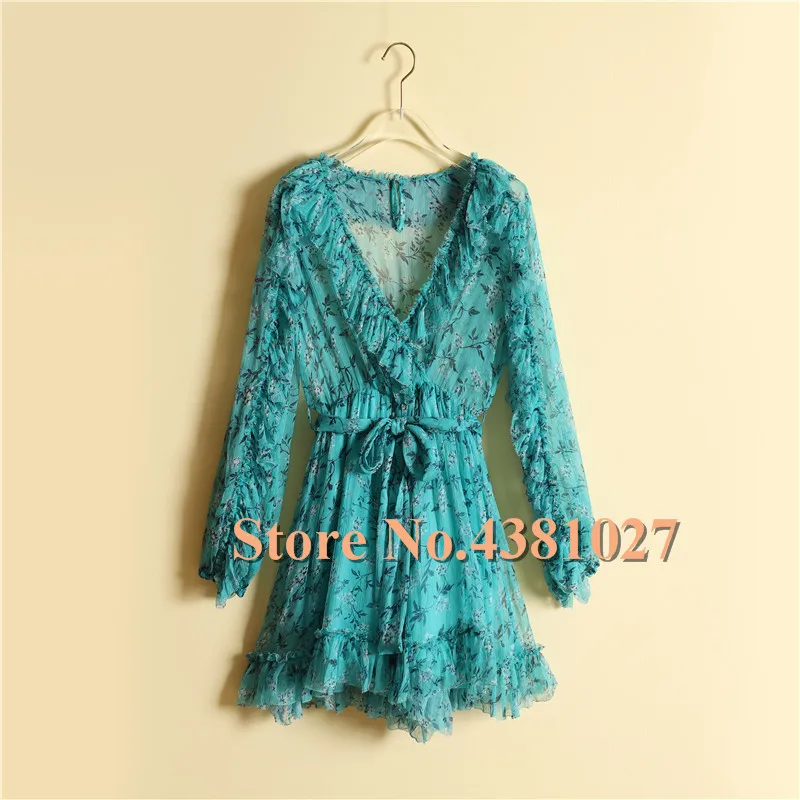 Women 100% Silk Printing V-neck High Waist Lacing Ruffle Playsuit | Женская одежда
