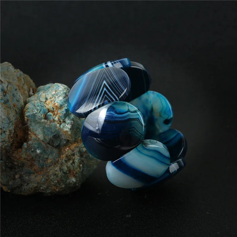 Boho Blue Striped Agates Stone Bracelets Bangles Natural Semi-Precious Stones Wide For Women Handmade Stretch Jewelry | Украшения и