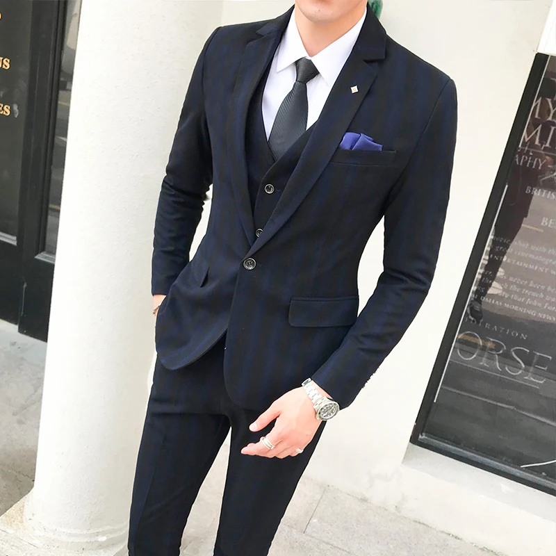 2018 New Men Stripe High-grade Formal Groom Wedding Dress Suit 3 Piece Set / Mens Formal Business Suit ( Jacket + Vest + Pants )