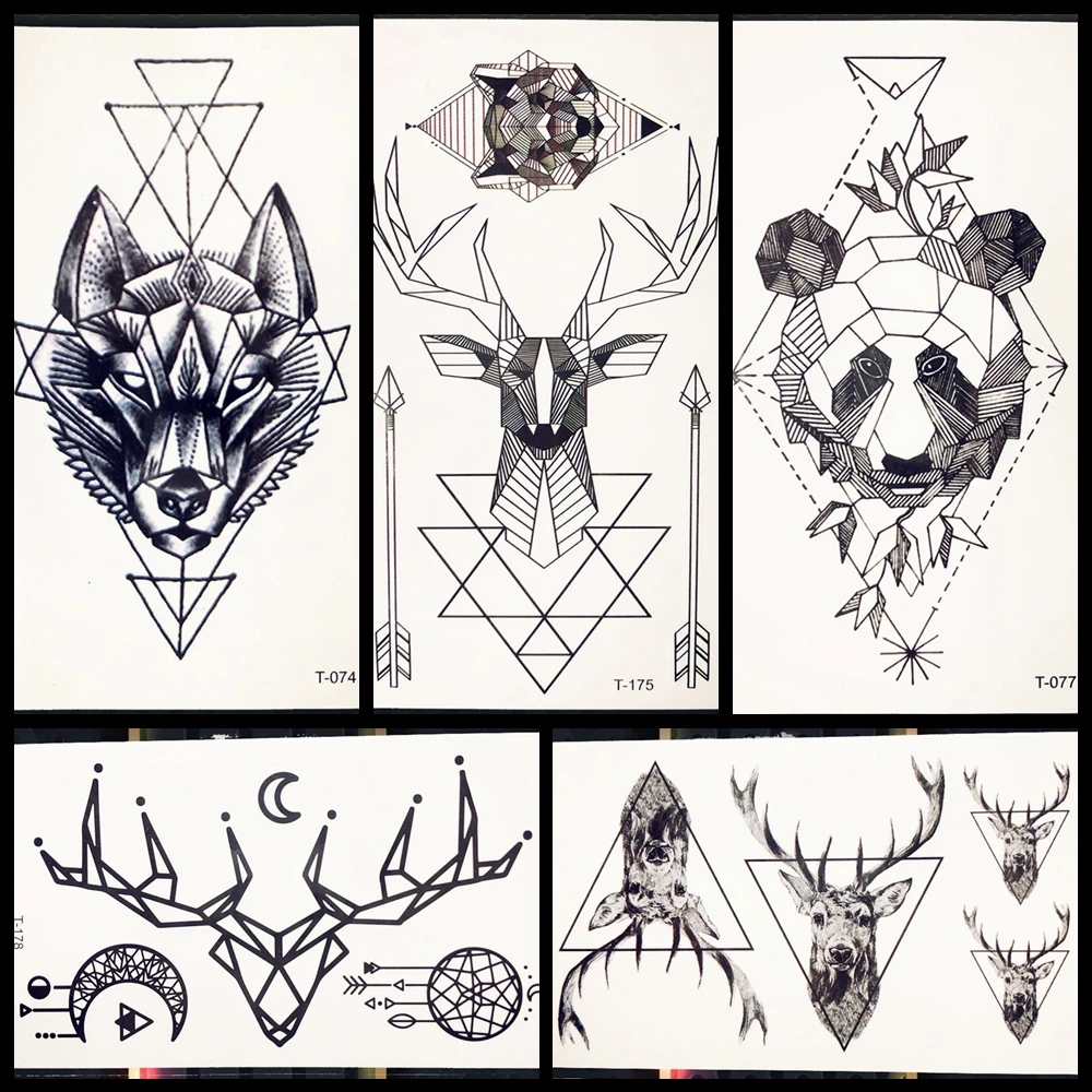 Временная татуировка геометрической формы черный Wolf Elk Panda Arrow стразы Tatoo наклейки