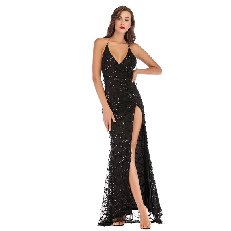 Beauty Garden Solid Sequined Dress Splitting Sexy Club Long Dress For Women Sleeveless V-Neck Floor-Length Dress Beauty Garden Solid Sequined Dress Splitting Sexy Club Long Dress For Women Sleeveless V-Neck Floor-Length Dress