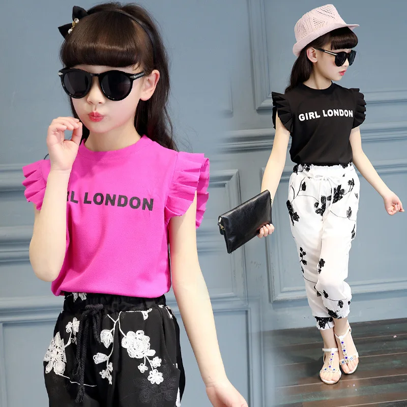 Summer Girl Clothing Sets Cotton Baby Fashion Clothes 2016 Floral T-Shirt + Pants 2Pcs Kids Tracksuits Girls Flower Clothes set