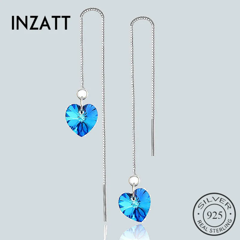 

INZATT Romantic 925 Sterling Silver Blue Crystal Heart Drop Earrings Long Metal Box Chain Tassel For Women Wedding Party Gift