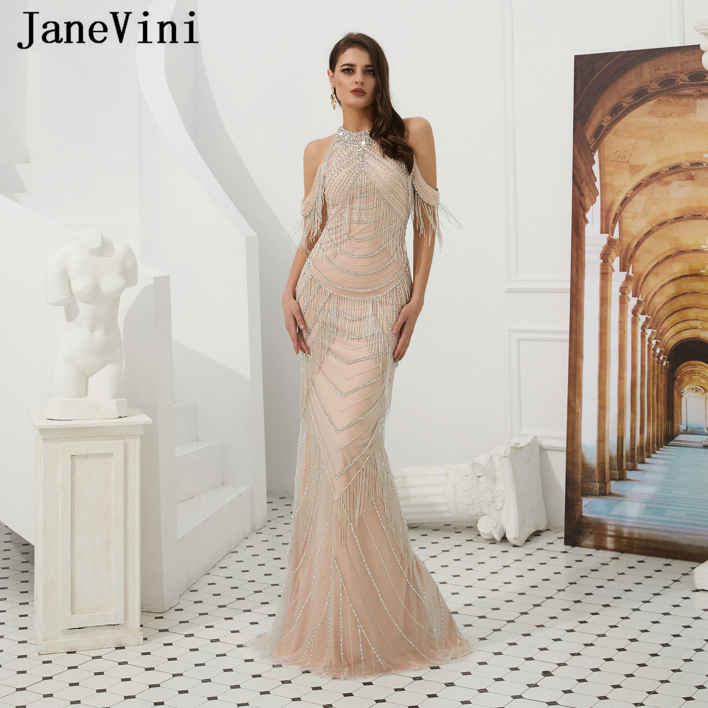 

JaneVini 2019 Новое роскошное Русалка Длинные вечерние платья с высоким воротом с кисточками и бисером без рукавов с открытой спиной Женские Сексуальные вечерние платья для выпускного вечера