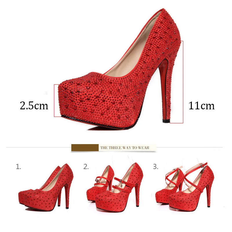 2019 High Heels Crystal Ankle Strap Platform High Heels Shoes Woman Pumps Sliver Red Ladies Wedding Shoes Bride Heels Shoes HE52