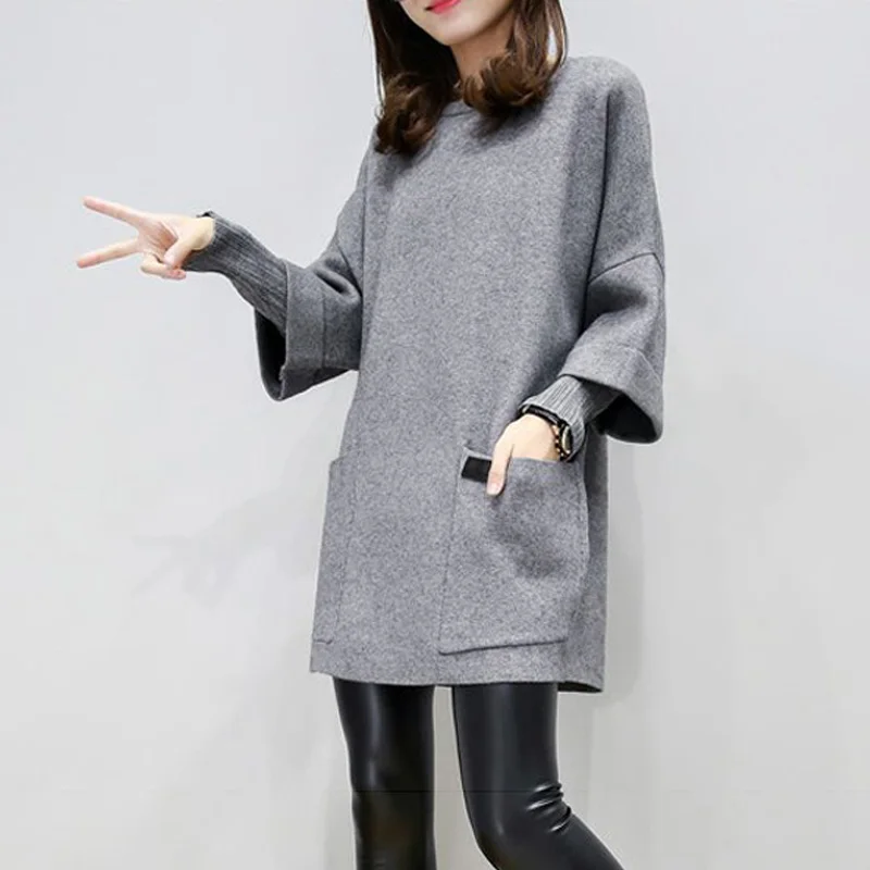 

Newly Women Pocket Loose Solid Sweatshirt O Neck Long Sleeves Autumn Winter Tops Plus Size m99