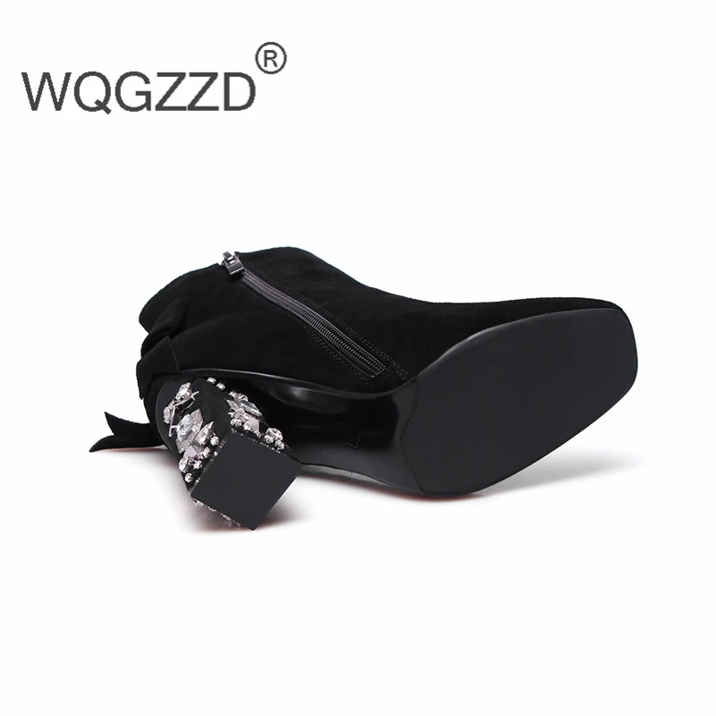 Black Stiefeletten Gray Marke Stiefel Bead Heel Chelsea Kuh light High Schuhe Adrette Diamant Wildleder Winter String Ankle Frauen Mujer Luxus qTwH45q