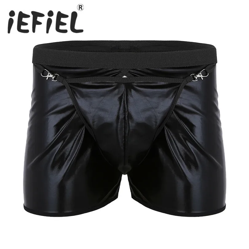 

iEFiEL Fashion Mens Male Wetlook Faux Leather Open Back Low Rise Boxer Shorts Underwear Underpants with Removable Bulge Pouch