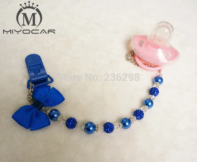

MIYOCAR Stunning Royal Blue pearl bling rhinestone hand made pacifier clips chain holder dummy clip and Teethers clip for baby
