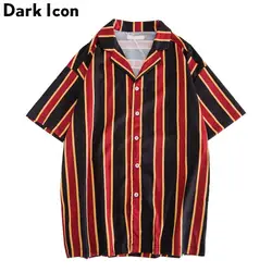 Темный логотип рубашка в полоску для мужчин короткий рукав 2019 Лето Turn-Down Воротник пляжные рубашки для мужчин гавайская рубашка 3 цвета