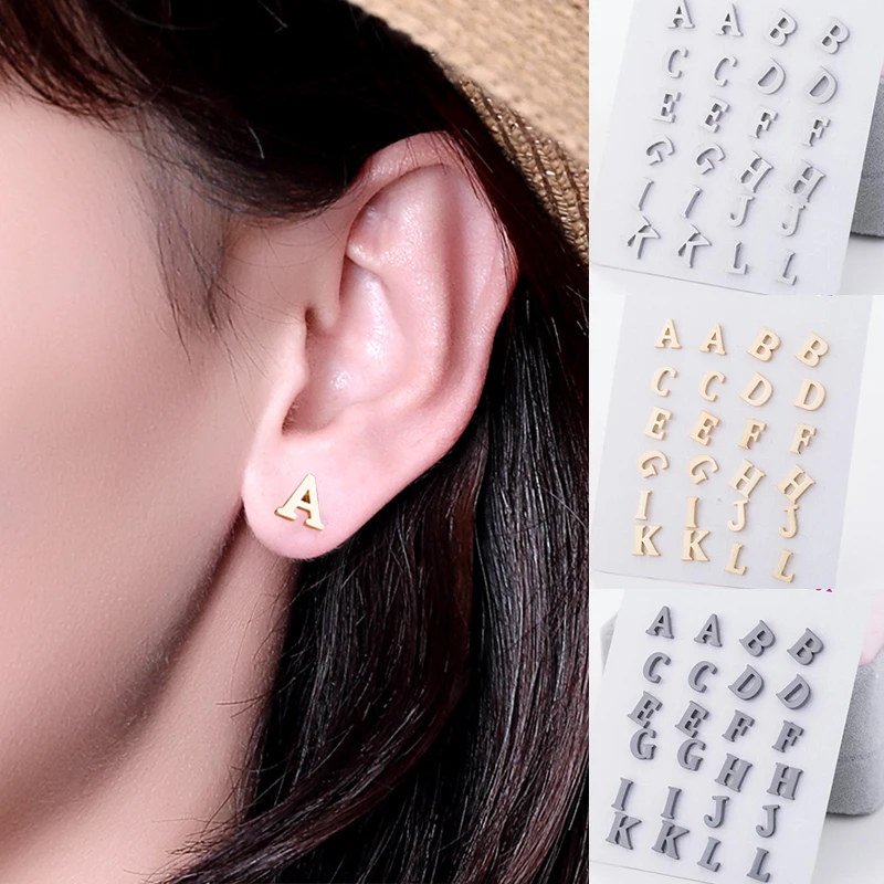 2019 AAA Cubic Zircon A-Z 26 Letter Earrings For Women Girls Stud Earring Luxury Gold Round Ear Stud Jewelry,Silver,D 