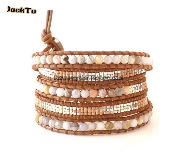 

Jacktu opal seed beads natural brown leather wrap bracelet