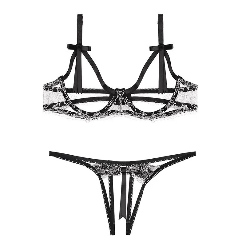 Women's Sexy Bra Set Embroidery Lace Exposed Breast Sexy Lingerie Strap Cupless Bralette With Open Crotch Panties Underwear Set