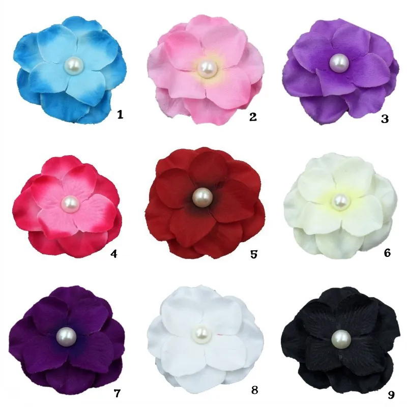 

10pcs/lot 2.4'' 9Colors Satin Hydrangea DIY Flat Back Flowers Matching Pearls in Centre For Girls Headband Accesssories