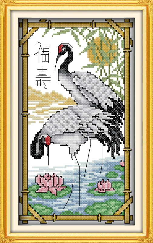 

Red-crowned crane bless longevity cross stitch kit cartoon count canvas stitches embroidery DIY handmade needlework plus