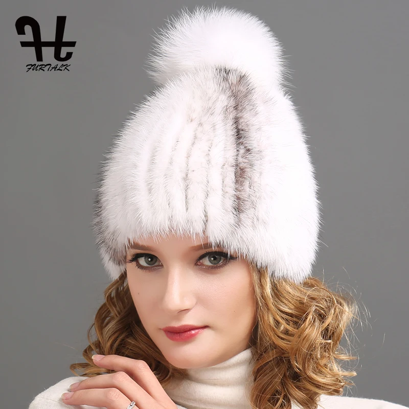 

FURTALK Mink Fur Hat Women Winter 100% Real Mink Fur Hats Female Warm Beanie with Silver Fox Fur Pompom Fur Russian Hat Cap 2019