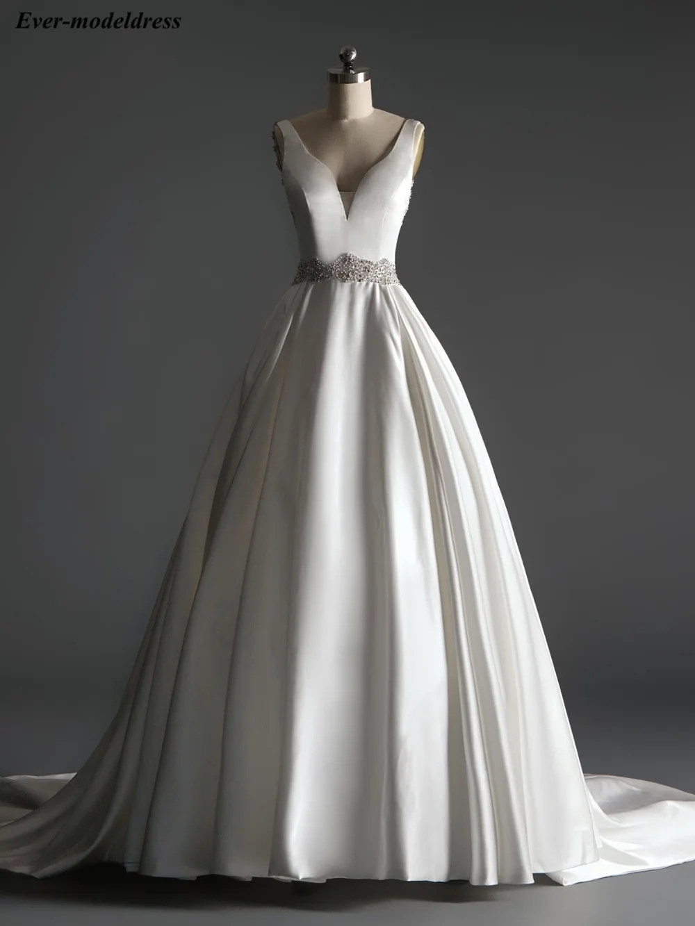 

Sexy Satin Wedding Dresses Backless Beaded Pearls Crystal Sweep Train Deep V-Neck A-Line Bridal Gowns Robe De Mariee 2019 Cheap