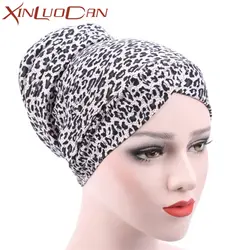 Модные леопардовые для женщин мусульманский тюрбан головные уборы при химиотерапии Beanie шарф хлопок головы обёрточная бумага шапки для дам