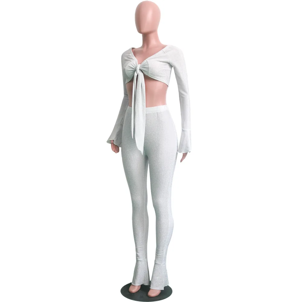 Серебряный шелк женщина Casaul спортивный костюм 2018 Демисезонный комплект из 2 частей с длинным Расклешенным рукавом укороченный топ и
