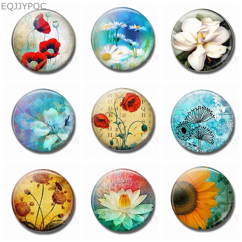 

Flower World Fridge Magnet Poppies Daisy Lotus Sunflower Dandelion 30MM Glass Round Magnetic Stickers Refrigerator Decorative