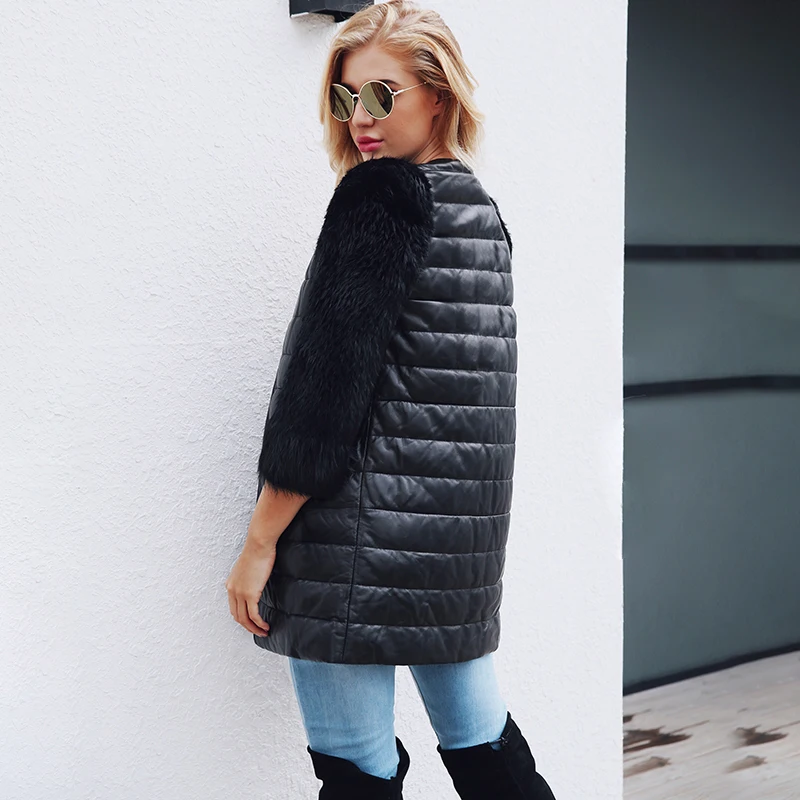 Новое Женское лоскутное кожаное пальто с искусственным мехом, рукав три четверти, меховая куртка на молнии, зимняя теплая верхняя одежда, повседневное пальто размера плюс