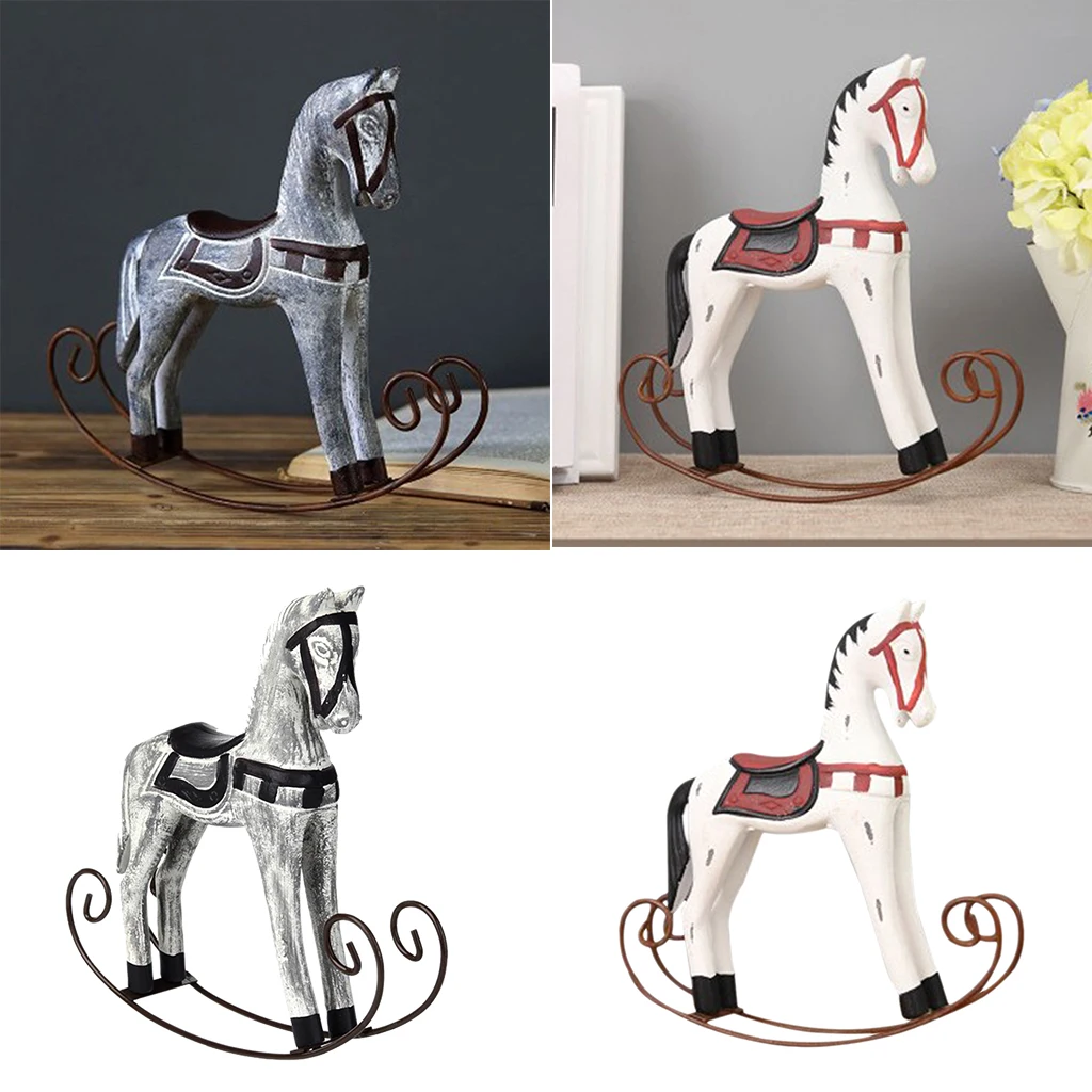 European Style Horse Statue Wedding Decor Home Office Desktop Decoration Wooden Rocking Horse Ornament Gifts
