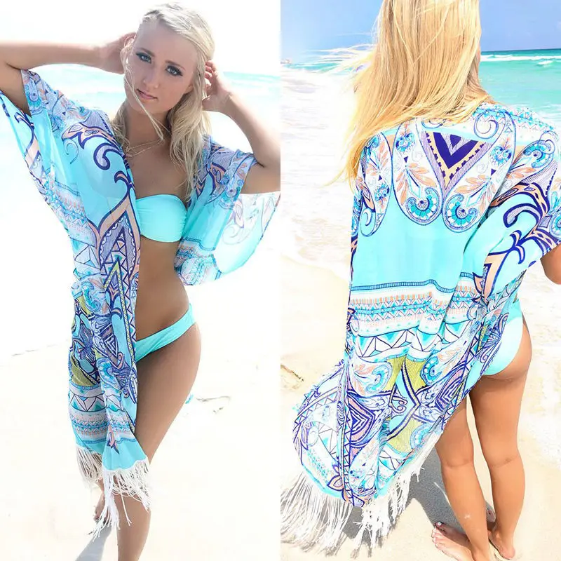 

Blouse Womens Lady Beachwear Bikini Cover Up Casual Tassel Loose Blue Summer Blouse Tops 2016 New
