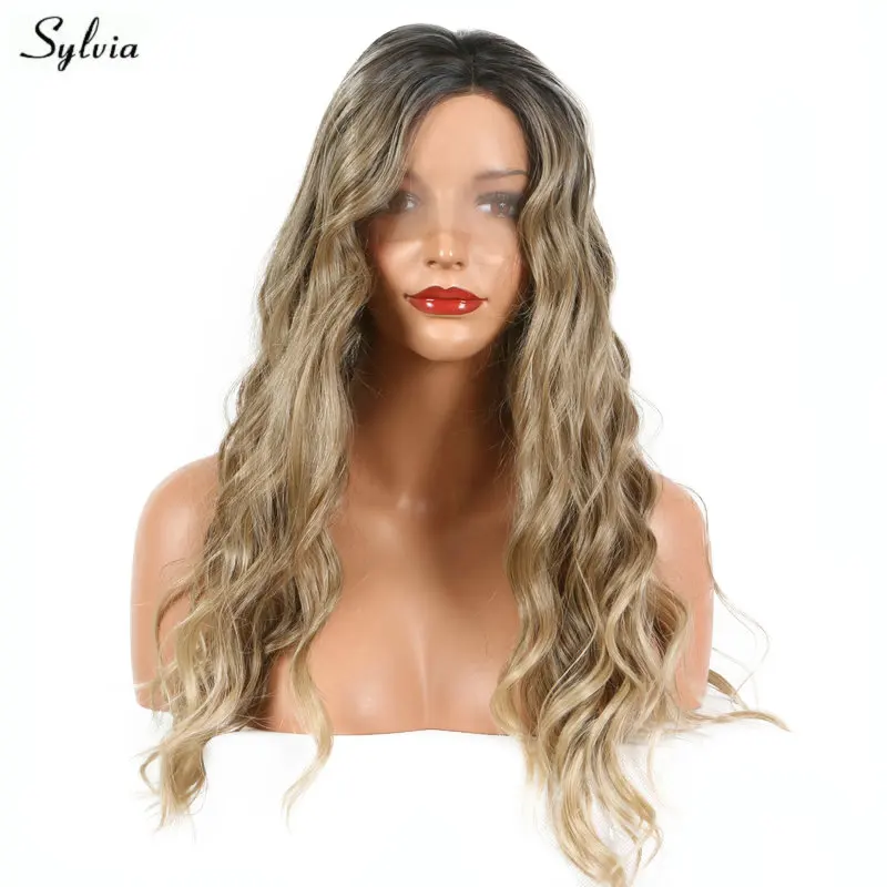 

Sylvia Natural Hairline Dark Roots Ombre Brown Blonde Loose Wave Handmade Synthetic Lace Front Wigs For Women Cosplay Long Hair