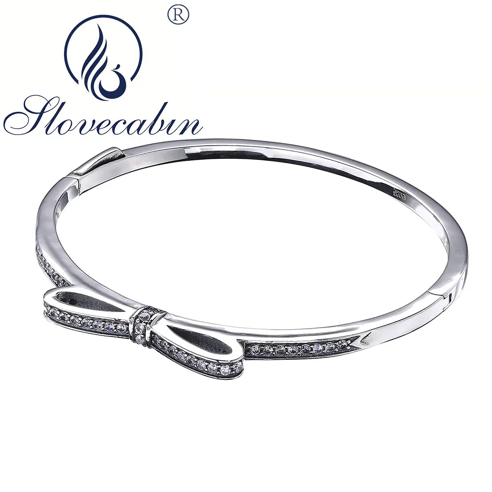 

Slovecabin Hot Sale Real 100% 925 Sterling Silver Sparking Bow Crystal Women Bangles Bracelet For Female Sterling Silver Jewelry