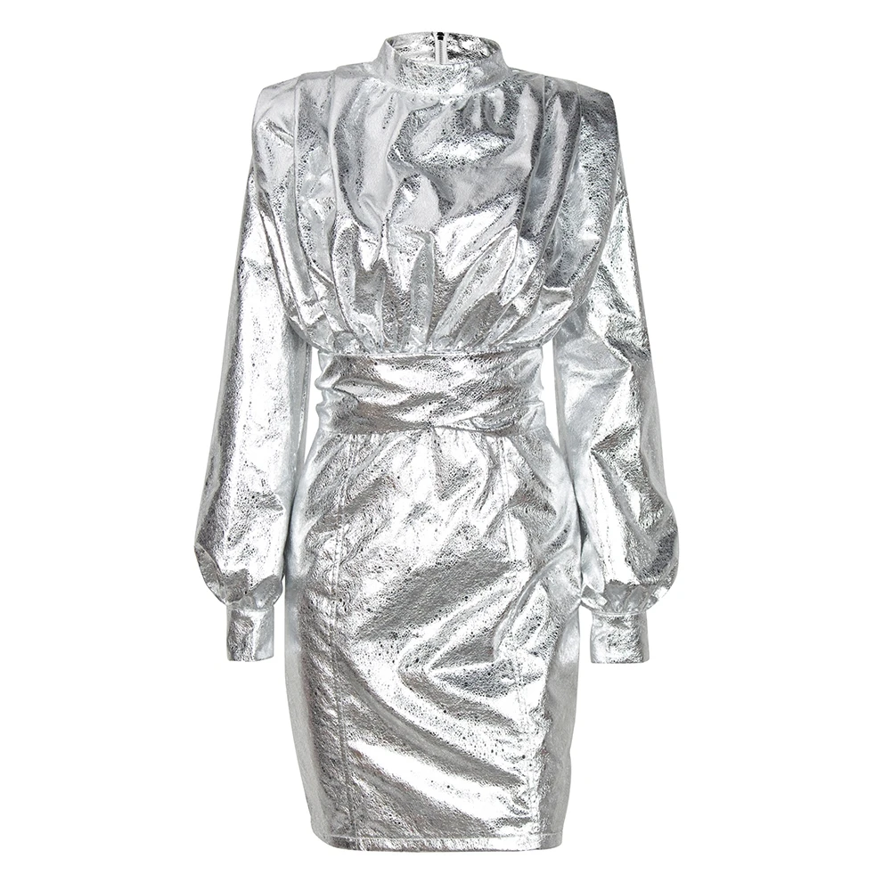 

Fashion Silver Long Sleeve Sexy Sashes 2018 Women Elegant Clubwerar Zipper Dress Vestidos Solid Turtleneck Celebrity festa