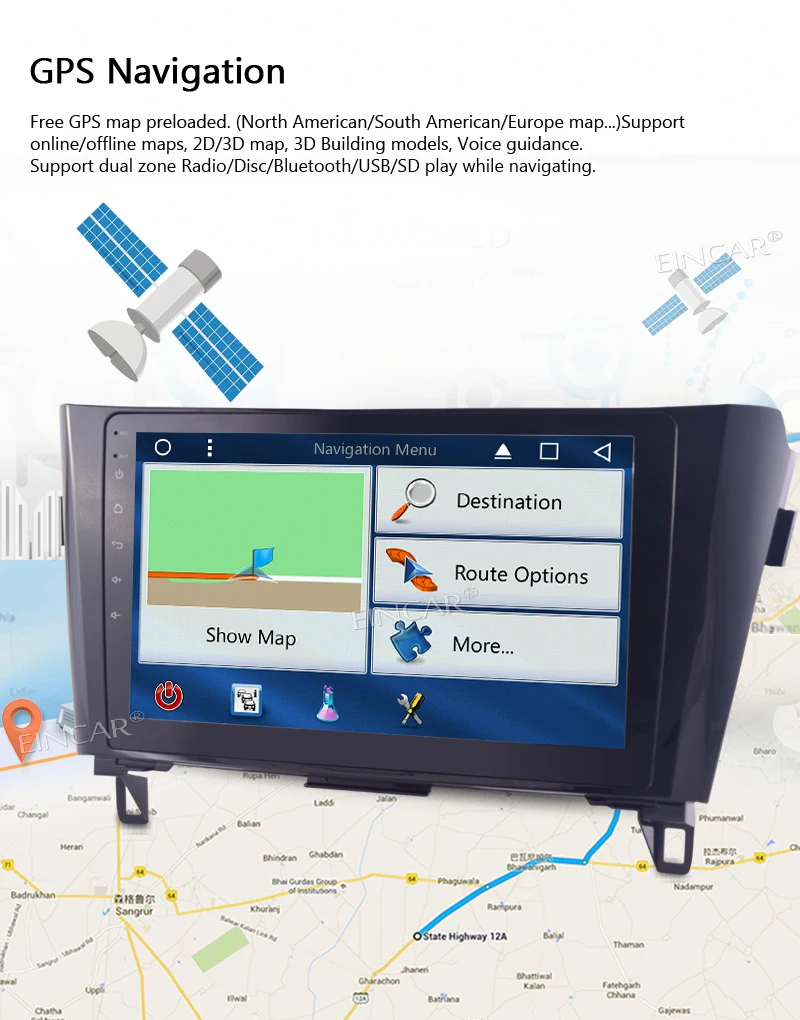 Android 7.1 Car Stereo 10.1 Inch Touch Screen GPS Navigation Support