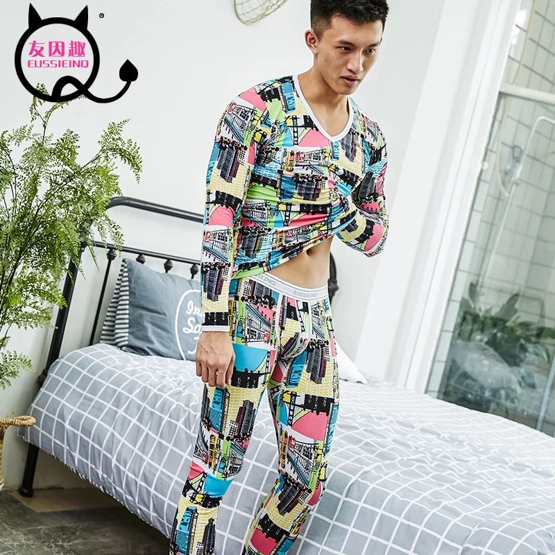 men's fashion printed cotton long johns pants warm trousers render underpants Man tight trousers of winter legging one set