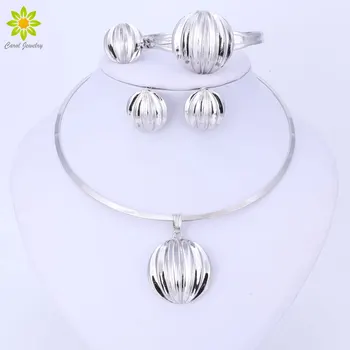 Dubai Jewelry Set Ball Pendant Necklace Earrings Bracelet Ring Silver Color Jewelry Set Women’s Wedding Accessories
