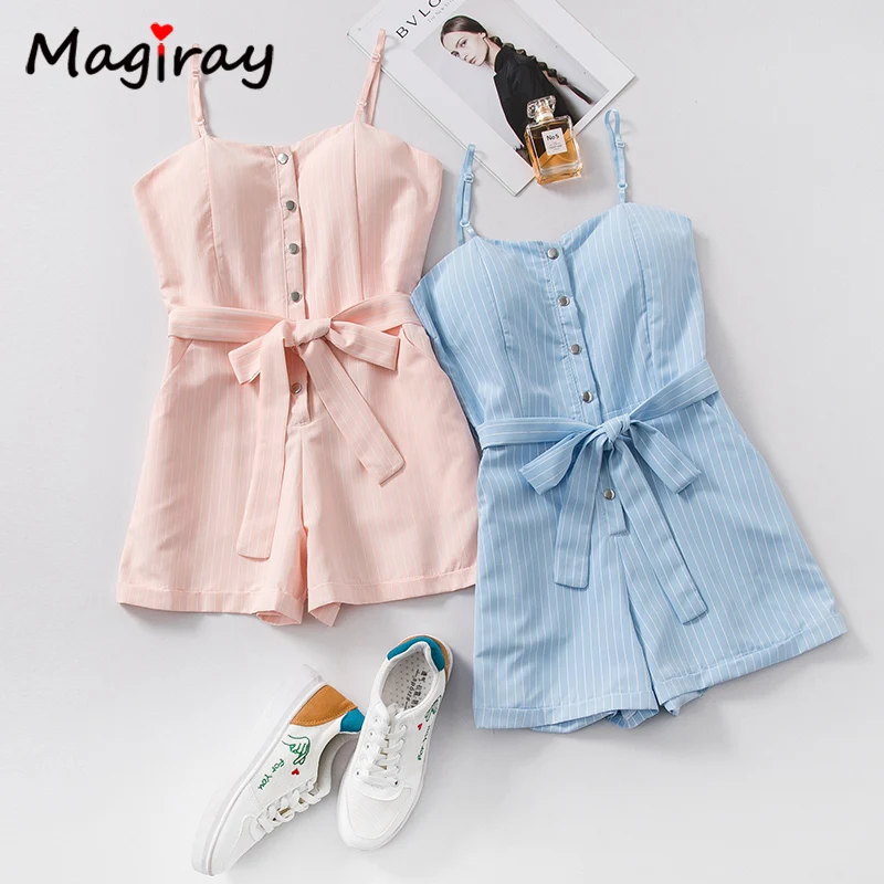 

Magiray Harajuku Sexy Bow Self Tie Playsuit Button Down Single Breasted Blue Pink Striped Strap Jumpsuit Elegant Beach Party C99