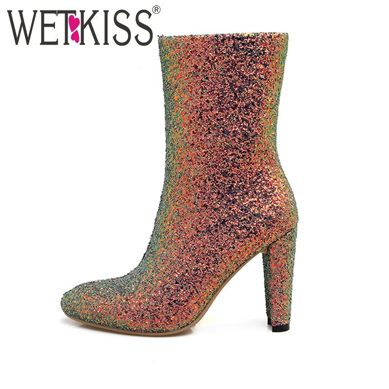

2018 Big Size 33-46 Bling Bling Upper Women Boots Ankle Zipper High Heels Shoes Woman Autumn Female Winter Boots Fashion Boot