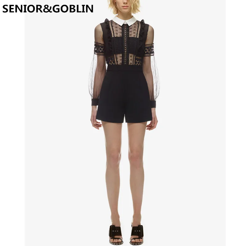 

2019 newly arrived female fashion runway high quality Sexy gauze lace hollow out perspective slim jumpsuit