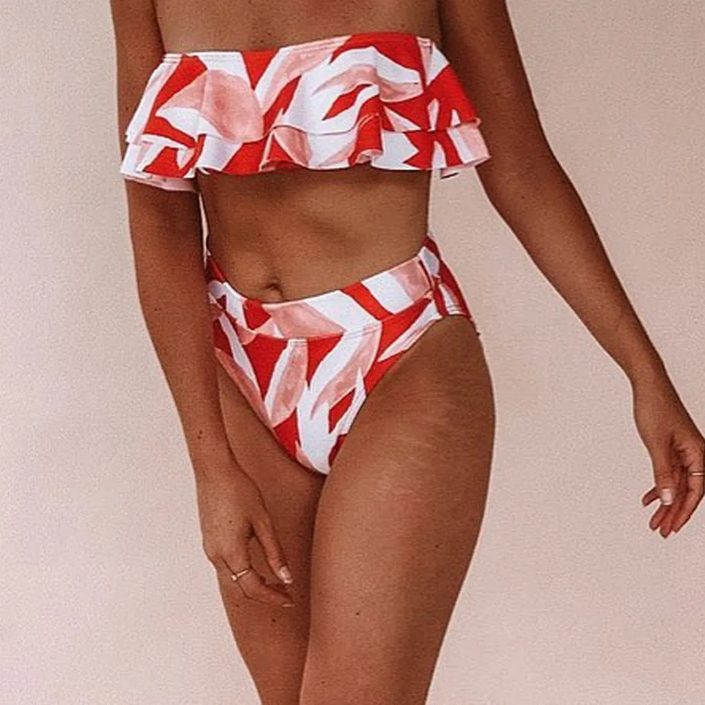 

SAGACE Two-piece suits ruffled swimwear print swimsuit one-shoulder swimwear women holiday bather two piece suits for women