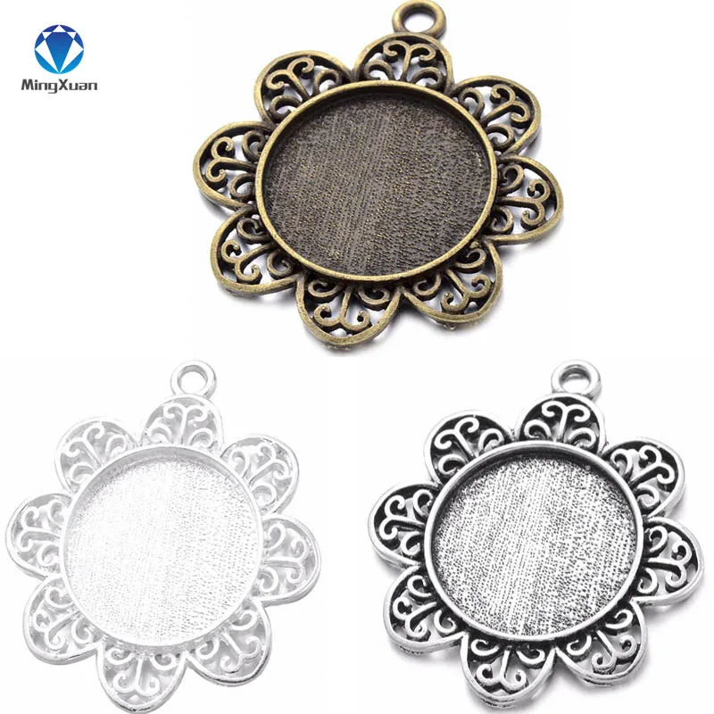

MINGXUAN 10pcs/lot Flower Fot 25mm Cabochons Bases Pendants Settings Pendant Bezel Trays Round Glass Cabochon Cameo DIY Necklace