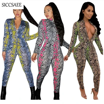 

2019 Spring Long Sleeve Bodycon Bodysuit Zipper Turtleneck Snake Skin Printed Bandage Jumpsuits Sexy Club Wear Rompers Pinup