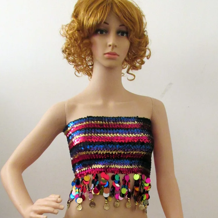 

Multicolored Stretch Sequin Tube Top Glitter 1970s Disco Retro Boob Bandeau Clubwear Sexy Fringe Crop Top Dance Show Costume