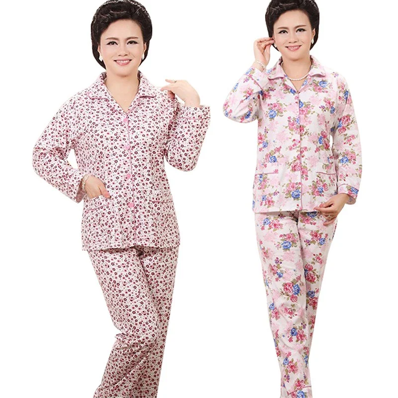 Breathable Pajamas Fabric Warm Long Sleeve Sleepwear Middle Age Women