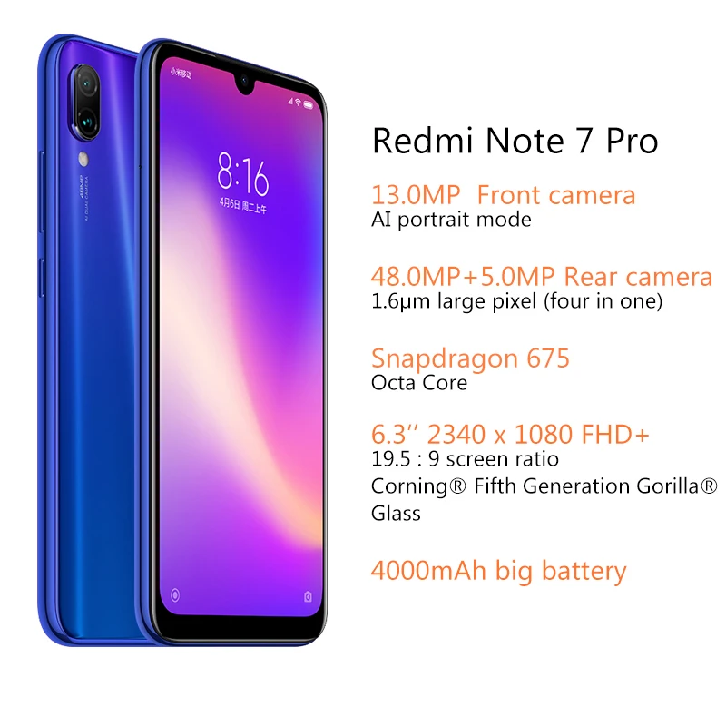 Мобильный телефон Xiaomi Redmi Note 7 Pro с глобальной прошивкой, 6 ГБ, 128 ГБ, Восьмиядерный процессор Snapdragon 675, 4000 мАч, 6,3 дюйма, 2340*1080, 48MP+ 5MP