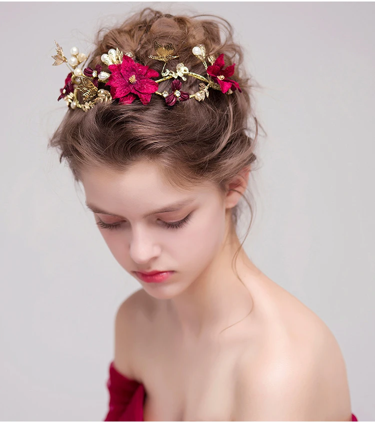 Kopen Vrouwen Bruids Wijn Rode Bloem Hoofdbanden Handgemaakte Gesimuleerde Parels Haarband Vlinder Haar Sieraden Bruiloft Accessoires tiara fiori