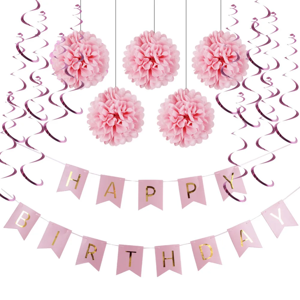 7pc Pink Paper Decoration Set(Happy Birthday Banner,Metallic Dangling Hanging Swirls, Pom Poms) for Girls Birthday Party 1st Birthday Party Supplies (2)